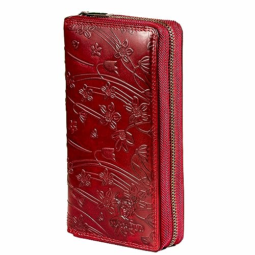 MATADOR XL Karten Portemonnaie Geldbeutel Damen Leder Groß #GIRONA mit edler Geschenk Box, Portmonee Geldbörse Damen Gross mit RFID Blocker, Geldtasche Brieftasche, Damenportemonnaie Blumen Rot von MATADOR
