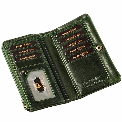 MATADOR Puebla Leder Portemonnaie Damen Mittelgroß Mit Edler Geschenkverpackung | RFID Geldbörse im Hochformat | Geldbeutel Grün von MATADOR