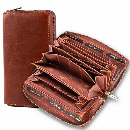 MATADOR XL Karten Portemonnaie Geldbeutel Damen Leder Groß #GIRONA mit edler Geschenk Box, Portmonee Geldbörse Damen Gross mit RFID Blocker, Geldtasche Brieftasche, Damenportemonnaie Vintage Braun von MATADOR
