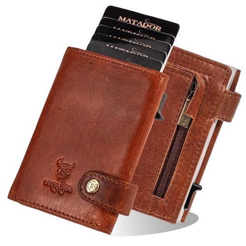 MATADOR Slim Wallet London - Kreditkartenetui Leder mit POP-UP Kartenhalter - mit Münzfach & RFID-Schutz - Mini Geldbeutel Klein - kleines Karten Portemonnaie mit Geschenk-Box Vintage Braun von MATADOR
