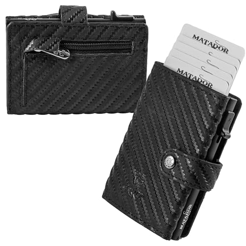 MATADOR Slim Wallet Miami – Leder Kreditkartenetui mit POP-UP Kartenhalter - mit RFID-Schutz & Münzfach - Mini Portemonnaie – kleine Geldbörse Männer mit Geschenk-Box Carbon Schwarz von MATADOR