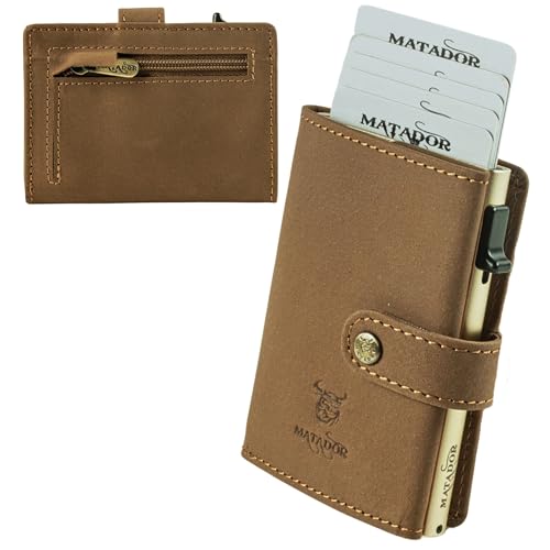 MATADOR Slim Wallet Miami – Leder Kreditkartenetui mit POP-UP Kartenhalter - mit RFID-Schutz & Münzfach - Mini Portemonnaie – kleine Geldbörse Männer mit Geschenk-Box Hell Braun von MATADOR