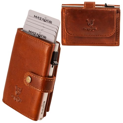 MATADOR Slim Wallet Miami mit XL-Münzfach | Leder Kreditkartenetui mit POP-UP Kartenhalter - mit RFID-Schutz - Mini Portemonnaie – kleine Geldbörse Männer mit Geschenk-Box Vintage Braun von MATADOR