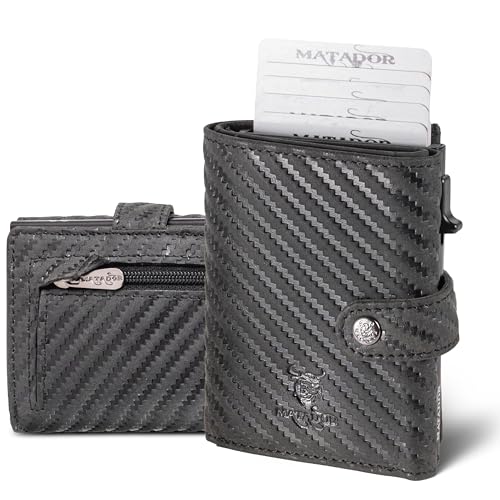 MATADOR Slim Wallet Mit Münzfach Leder #Tokio Mini Geldbörse Herren mit edler Geschenk Box, Elegantes Kreditkartenetui mit RFID Blocker, Luxus Geldbeutel Herren mit vielen Fächern in Schwarz Carbon von MATADOR