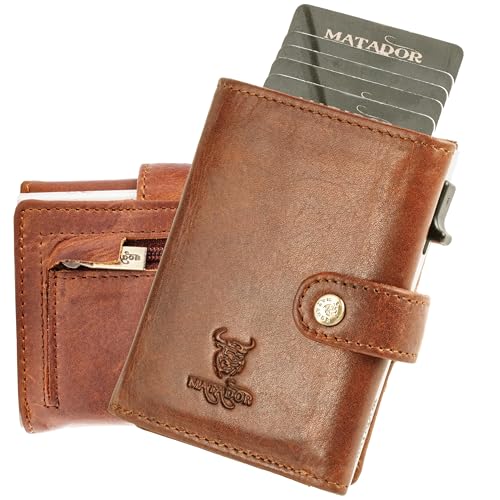 MATADOR Slim Wallet Tokio - POP-UP Kartenhalter Leder - Kreditkartenetui mit Münzfach & RFID-Schutz - Mini Geldbeutel Klein - kleines Karten Portemonnaie mit Geschenk-Box Vintage Braun von MATADOR