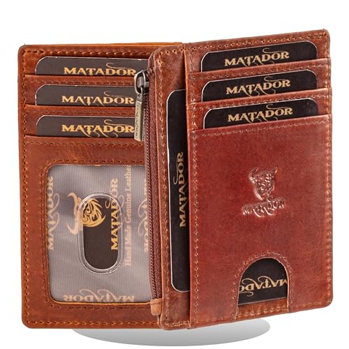 MATADOR Ultra Slim Wallet Montreal mit großem Reißverschlussfach- Dünnes Flaches Leder Portemonnaie für Damen & Herren mit RFID-Schutz – Kreditkartenetui - inkl. Geschenk-Box Vintage Braun von MATADOR