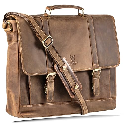 MATADOR XXL Echt Leder Umhängetasche Herren Damen 'DUBAI | Laptoptasche Notebook 17+ Zoll | Aktentasche Laptop Uni Tasche Leder Gross | Arbeitstasche Männerhandtasche Schultertasche | Hunter Braun von MATADOR