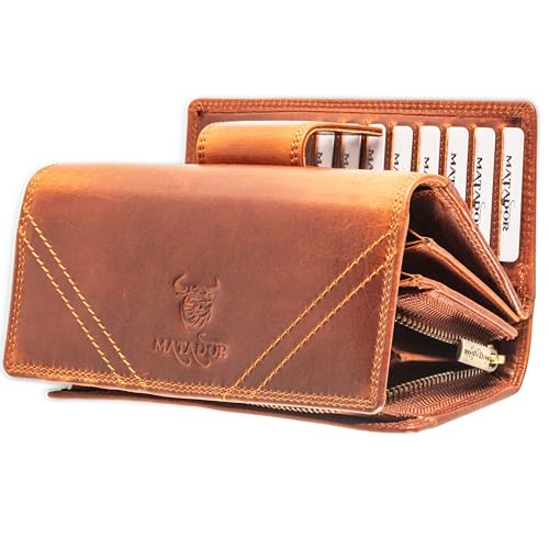 MATADOR Portmonee Damen Leder #LISSABON mit edler Geschenkbox, Elegantes Portemonnaie Damen Gross mit RFID Blocker, Luxus Geldbörse Damen Viele Kartenfächer, Braun Vintage von MATADOR