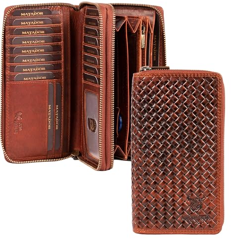 MATADOR Portemonnaie Damen Leder #Madrid mit Edle Geschenk Box, Eleganter Geldbeutel mit RFID Blocker, Luxus Frauen Portmonee Viele Kartenfächer in Geflochten Braun von MATADOR
