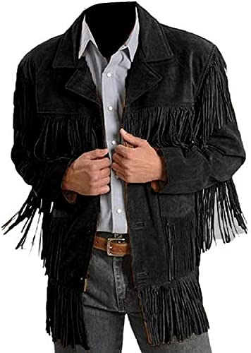 MATARTS Wildleder Lederjacke für Herren Western Cowboy Indianer Schwarz Fransen Perlen Mantel Oberbekleidung, Schwarz, L von MATARTS