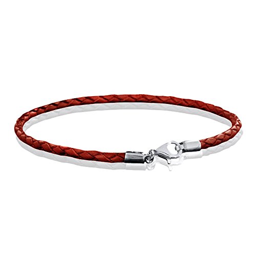 MATERIA 925 Silber Beads Armband Herren Damen - Leder Armband Karabiner rot 18-22cm #A57, Länge:18 cm von MATERIA by Matthias Wagner