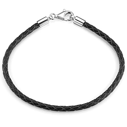 MATERIA Damen Herren Beads Armband Leder 3mm schwarz 925 Silber Lederarmband 17-22cm A58, Länge:20 cm von MATERIA by Matthias Wagner