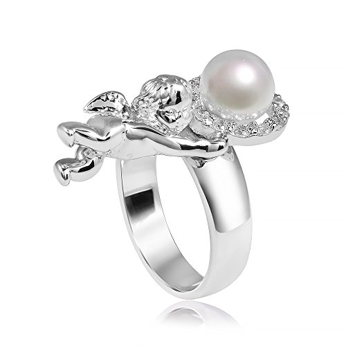 MATERIA 925 Silber Ring Engel - weißer Perlenring Zirkonia rhodiniert inkl. Ringetui Gr. 51-62#SR-65, Ringgrößen:54 (17.2 mm Ø) von MATERIA by Matthias Wagner