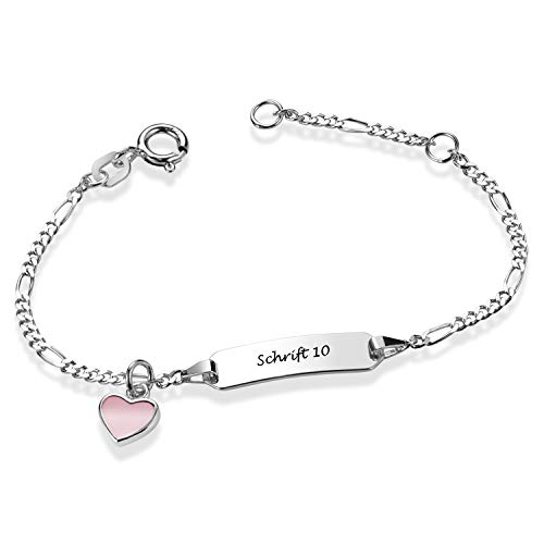 MATERIA Baby Kinder Armband mit Gravur - 925 Sterling-Silber Herz rosa 12 13 14cm in Etui SA-113-Schrifttyp 10 von MATERIA by Matthias Wagner