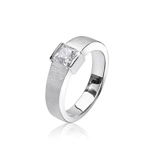 MATERIA Damen Ring Solitär 925 Silber Zirkonia weiß rhodiniert mattiert mit Ringbox #SR-95, Ringgrößen:62 (19.7 mm Ø) von MATERIA by Matthias Wagner