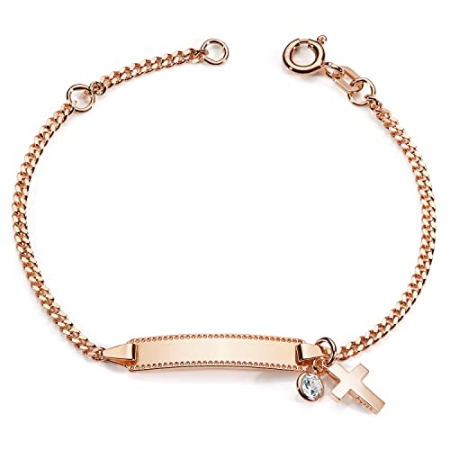 MATERIA by Matthias Wagner Kinder Armband Gravur Rosegold - 925 Silber Armkette vergoldet personalisiert mit Kreuz Anhänger 14-16cm SA-120, Schrifttyp:Schrifttyp 3 von MATERIA by Matthias Wagner