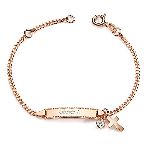 MATERIA by Matthias Wagner Kinder Armband Gravur Rosegold - 925 Silber Armkette vergoldet personalisiert mit Kreuz Anhänger 14-16cm SA-120, Schrifttyp:Schrifttyp 17 von MATERIA by Matthias Wagner