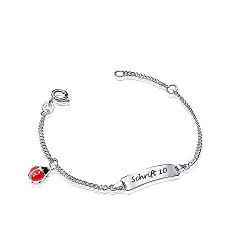 MATERIA Kinder Armband mit Gravur Marienkäfer 925 Silber Schmuck Armkette Emaille rot rhodiniert 12-14cm #SA-61, Schrifttyp:Schrifttyp 10 von MATERIA by Matthias Wagner