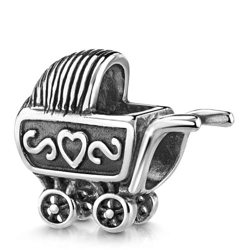 MATERIA Schmuck 925 Silber Bead Kinderwagen mit Herz Motiv - European Beads Baby Familien Element #681 von MATERIA by Matthias Wagner
