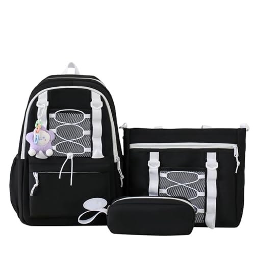 MATISUN 3 Piece Set Yellow Backpack for Girls, Cute Bookbag and Lunch Box Set for Girls with Cute Pendant for Travel School & Study Life (Black) von MATISUN