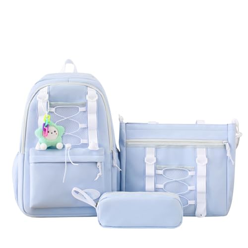 MATISUN 3 Piece Set Yellow Backpack for Girls, Cute Bookbag and Lunch Box Set for Girls with Cute Pendant for Travel School & Study Life (Blue) von MATISUN