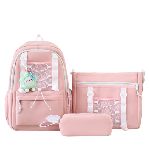 MATISUN 3 Piece Set Yellow Backpack for Girls, Cute Bookbag and Lunch Box Set for Girls with Cute Pendant for Travel School & Study Life (Pink) von MATISUN
