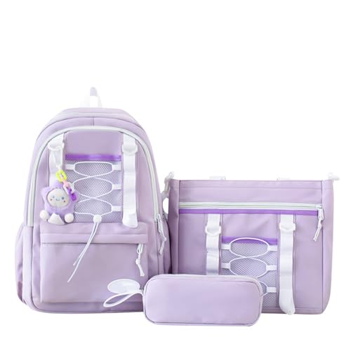 MATISUN 3 Piece Set Yellow Backpack for Girls, Cute Bookbag and Lunch Box Set for Girls with Cute Pendant for Travel School & Study Life (Purple) von MATISUN