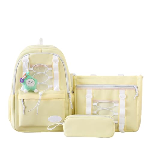 MATISUN 3 Piece Set Yellow Backpack for Girls, Cute Bookbag and Lunch Box Set for Girls with Cute Pendant for Travel School & Study Life (Yellow) von MATISUN
