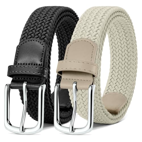 MATLAB 2er-Pack Stretchgürtel für Damen & Herren – Elastische Flechtgürtel aus Stoff, Verstellbar & Dehnbar, 3,3 cm breit, Schwarz & Beige, Länge 100 cm von MATLAB