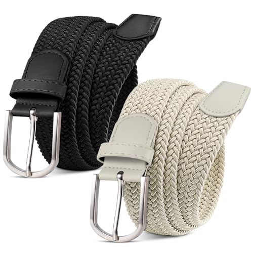 MATLAB 2er-Pack Stretchgürtel Flechtgürtel für Damen und Herren – Elastischer Verstellbarer Dehnbarer Stoffgürtel, 3,3 cm Breite, Länge 120 cm Schwarz/Beige von MATLAB