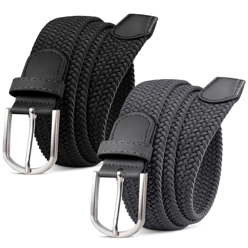 MATLAB 2er-Pack Stretchgürtel Flechtgürtel für Damen und Herren – Elastischer Verstellbarer Dehnbarer Stoffgürtel, 3,3 cm Breite, Länge 120 cm Schwarz/Grau von MATLAB