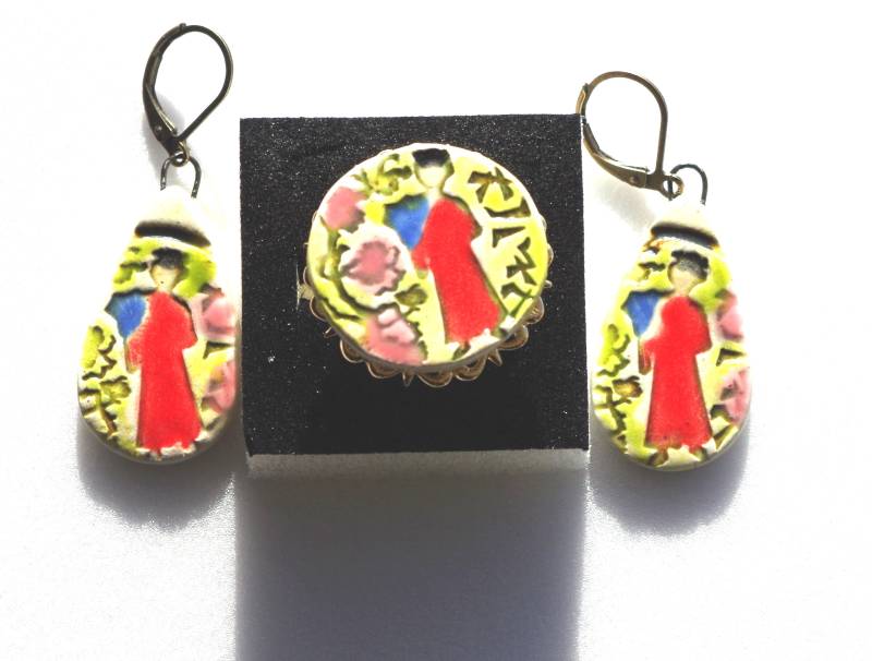 Geisha-Set, Asien, Japan, Ohrringe Und Ring, Handgefertigte Keramik von MATTCadeaux