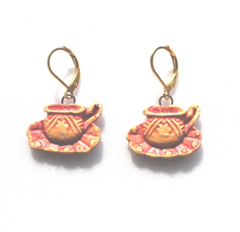 Handgefertigte Keramikohrringe, Teezeit, Orangefarbene Teetasse von MATTCadeaux