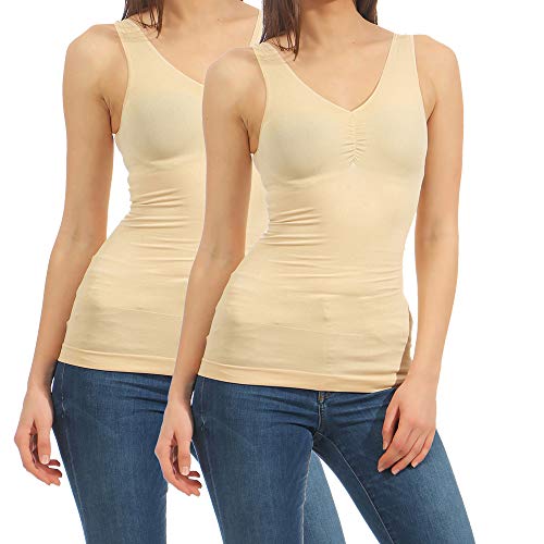 2 Figurformende Hemden Shapewear Form-Top Damen Unterhemd Slim-Shirt Mieder 13 (40-42, Beige/Beige) von MATY FASHION