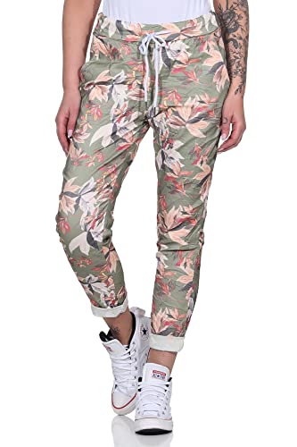 MATY FASHION Damen Freizeithose Moderne Jogginghose Relax Pants Boyfriend mit Kordelzug 43 (Floral Oliv) von MATY FASHION