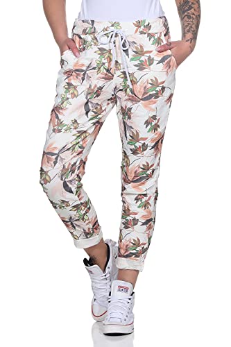 MATY FASHION Damen Freizeithose Moderne Jogginghose Relax Pants Boyfriend mit Kordelzug 43 (Floral Weiß) von MATY FASHION