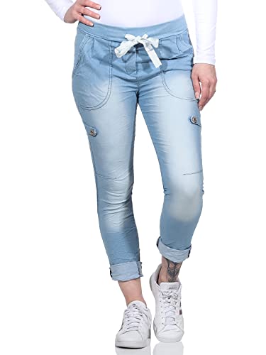MATY FASHION Damen Hose Stretch Sweatpants aus Baumwolle Jogginghose Denim für Freizeit Boyfriend Baggyhose 84 (Hellblau) von MATY FASHION