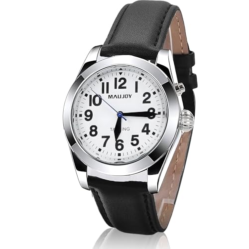 MAUJOY Deutsch Sprechende Herren Armbanduhr I Datum- und Zeitansage I Für Blinde, Senioren und Demenzkranke I Lederarmband I Verstellbares von MAUJOY