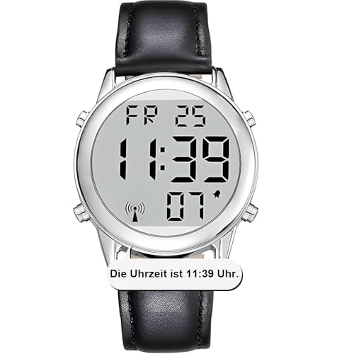 MAUJOY Deutsch Sprechende Herren Armbanduhr I Funkarmbanduhr I LCD Große Zahl Leicht zu Lesen I Datum- und Zeitansage I Für Blinde, Senioren und Demenzkranke (Schwarz) von MAUJOY