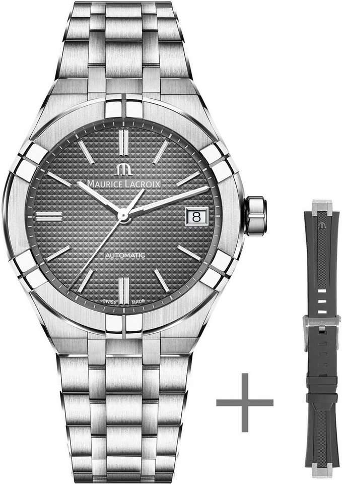 MAURICE LACROIX Automatikuhr Aikon Automatik, AI6007-SS00F-230-A, (Set, 2-tlg., Uhr mit Wechselarmband aus Kautschuk), Armbanduhr, Herrenuhr, Swiss Made von MAURICE LACROIX