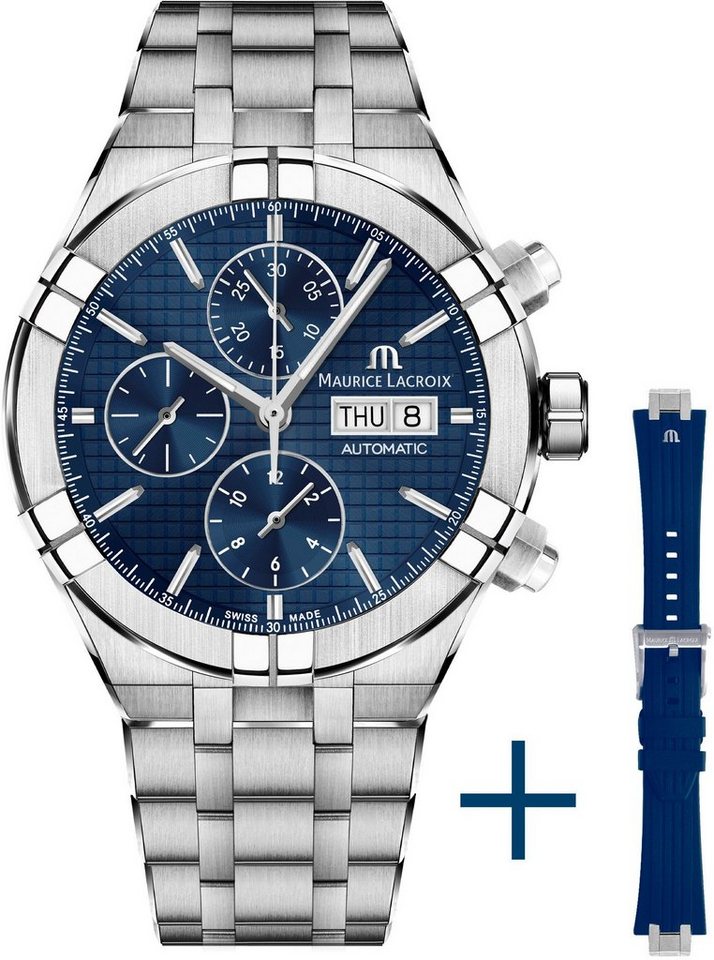 MAURICE LACROIX Chronograph Aikon Chronograph, AI6038-SS00F-430-C, (Set, 2-tlg., mit Wechselarmband aus blauem Kautschuk), Armbanduhr, Herrenuhr, Automatik, Swiss Made von MAURICE LACROIX