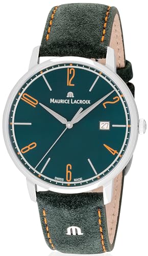 MAURICE LACROIX Eliros Date Green Herren-Armbanduhr Analog Quarz mit grünem Velours-Lederband EL1118-SS001-620-5 von MAURICE LACROIX