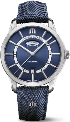 MAURICE LACROIX Pontos Day Date Herren-Armbanduhr Analog Automatik mit blauem Textil-Lederband PT6358-SS004-431-4 von MAURICE LACROIX