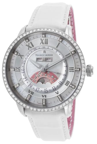 MAURICE LACROIX Masterpiece Phases de Lune Diamonds Damen-Armbanduhr Analog Automatik mit weißem Lederband mit 119 echten Diamanten MP6428-SD501-17E von MAURICE LACROIX