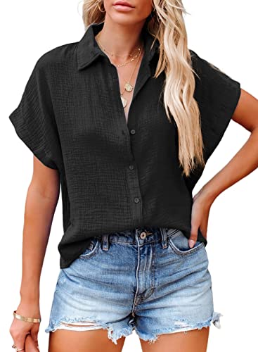 Bluse Damen Kurzarm Bluse Hemd Elegant Einfarbig Hemdbluse Baumwolle Lose Oberteile V-Ausschnitt T-Shirt Tops Kurzarmshirts von MAVIS LAVEN