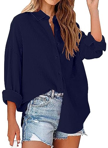 Bluse Damen Langarm Bluse Hemd Elegant Einfarbig Hemdbluse Baumwolle Lose Oberteile V-Ausschnitt T-Shirt Tops Langarmshirts von MAVIS LAVEN