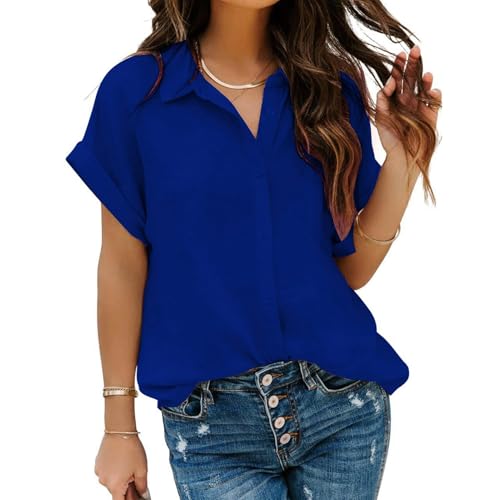 Damen Oversized Kurzbluse Kurzarm Shirt Bluse Loose Hemdbluse Button Down Boyfriend-Stil Tunika Kurzarmshirt von MAVIS LAVEN