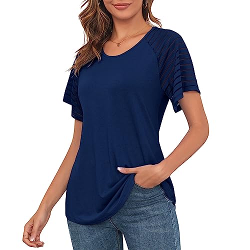 MAVIS LAVEN Damen Besatzung Nacken Lässig Blusen Glocke Kurz Ärmel Hemden Raglan Tunika Oberteile（Dunkelblau,XX-Large） von MAVIS LAVEN