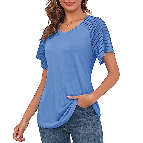 MAVIS LAVEN Damen Besatzung Nacken Lässig Blusen Glocke Kurz Ärmel Hemden Raglan Tunika Oberteile（Hellblau,XX-Large） von MAVIS LAVEN