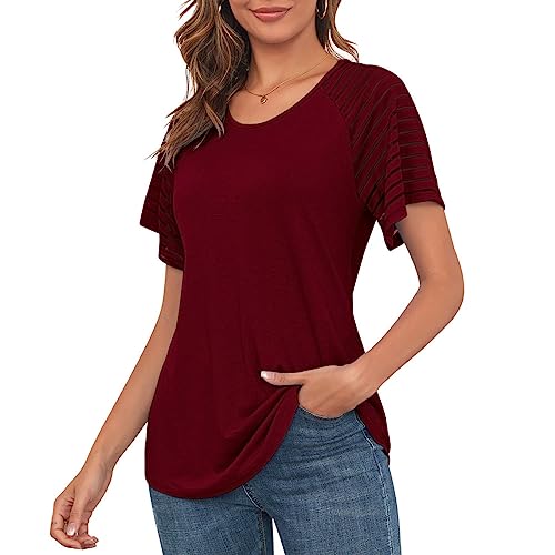 MAVIS LAVEN Damen Besatzung Nacken Lässig Blusen Glocke Kurz Ärmel Hemden Raglan Tunika Oberteile（Weinrot,Medium） von MAVIS LAVEN